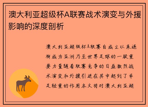 澳大利亚超级杯A联赛战术演变与外援影响的深度剖析 澳大利亚超级杯A联赛战术演变与外援影响的深度剖析